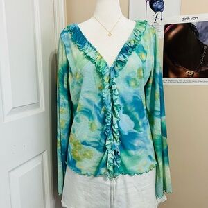 Y2K Blue and Green Ruffle Trim Mesh Top